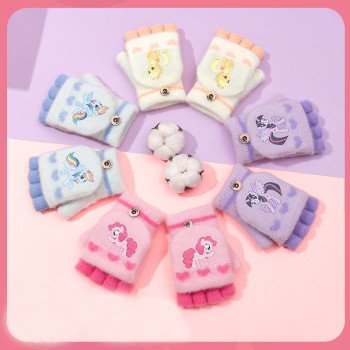 Autumn/Winter Girls' and Middle School Children's Half Finger Flip Cover Thickened Warmth 7-12 Elementary School Students' Writing Children's Gloves