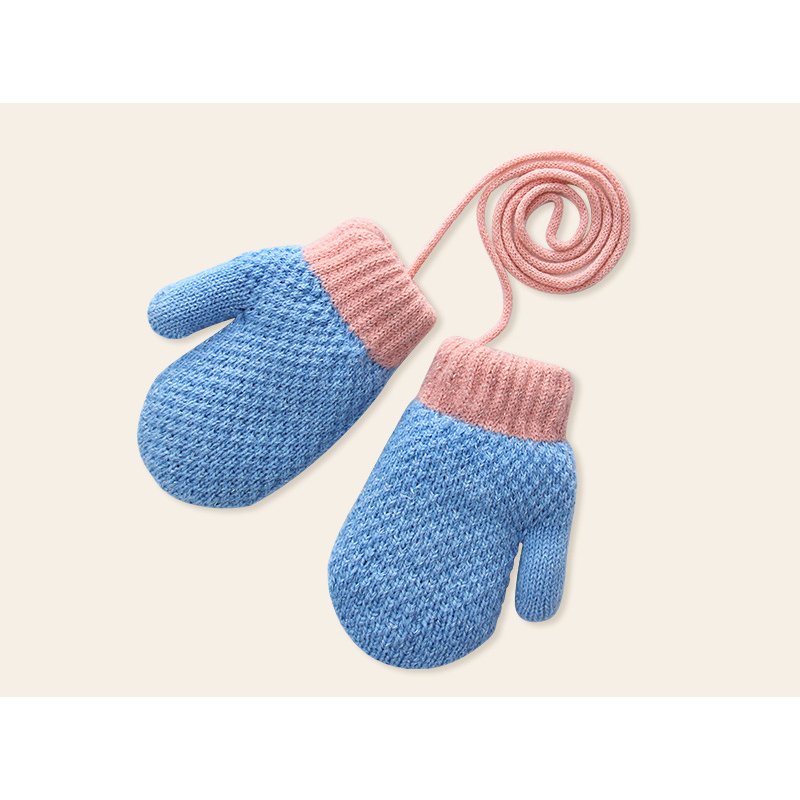 Wholesale of cute knitted children's gloves for babies in autumn and winter, with added velvet for warmth and cold protection. Hanging neck for young children