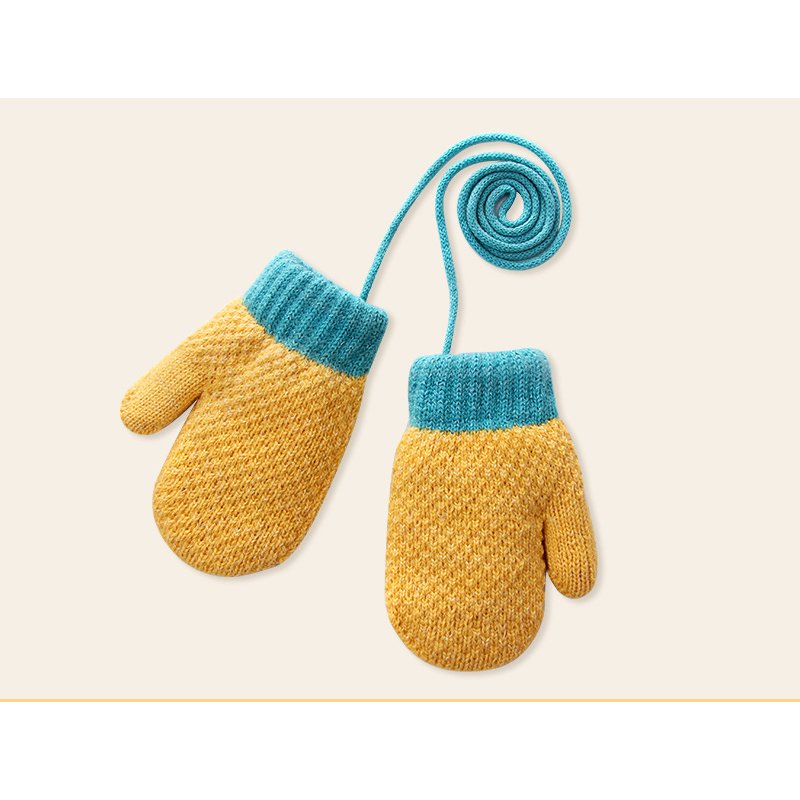 Wholesale of cute knitted children's gloves for babies in autumn and winter, with added velvet for warmth and cold protection. Hanging neck for young children