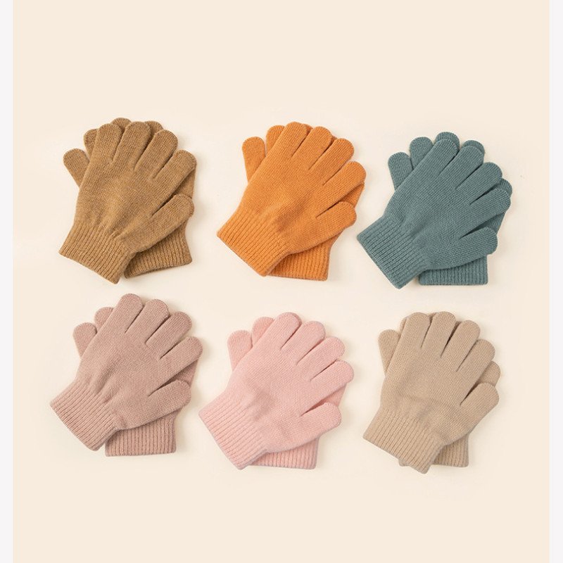Knitted gloves for children, suitable for both men and women, warm and cold resistant in winter, solid color, cute, all finger yarn, children's gloves, suitable for children