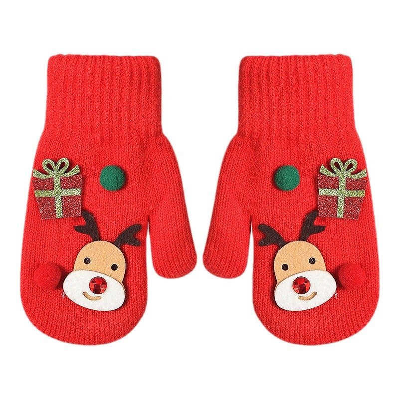 Parent child winter knitted yarn with plush insulation and thickened bag for Christmas outdoor windproof and cold proof cycling gloves