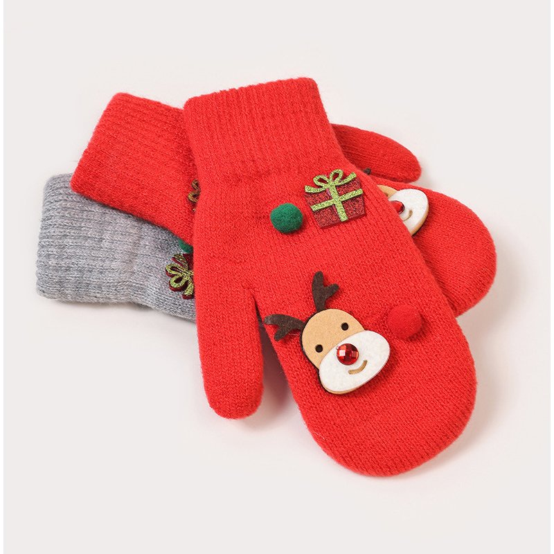 Parent child winter knitted yarn with plush insulation and thickened bag for Christmas outdoor windproof and cold proof cycling gloves