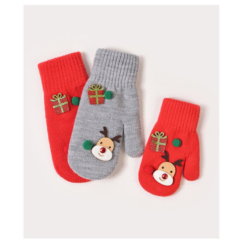 Parent child winter knitted yarn with plush insulation and thickened bag for Christmas outdoor windproof and cold proof cycling gloves