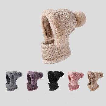 New autumn and winter twisted striped knitted hat, scarf, one-piece plush kit, warm ear protection and neck protection