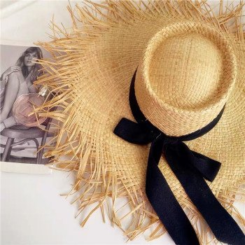 Big brimmed Lafite grass hat for girls in summer, sweet bow, sun shading and sun protection hat
