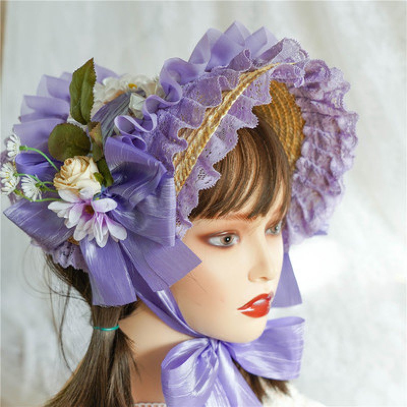 Rural style Lolita hat for girls, court lace flower French retro straw hat