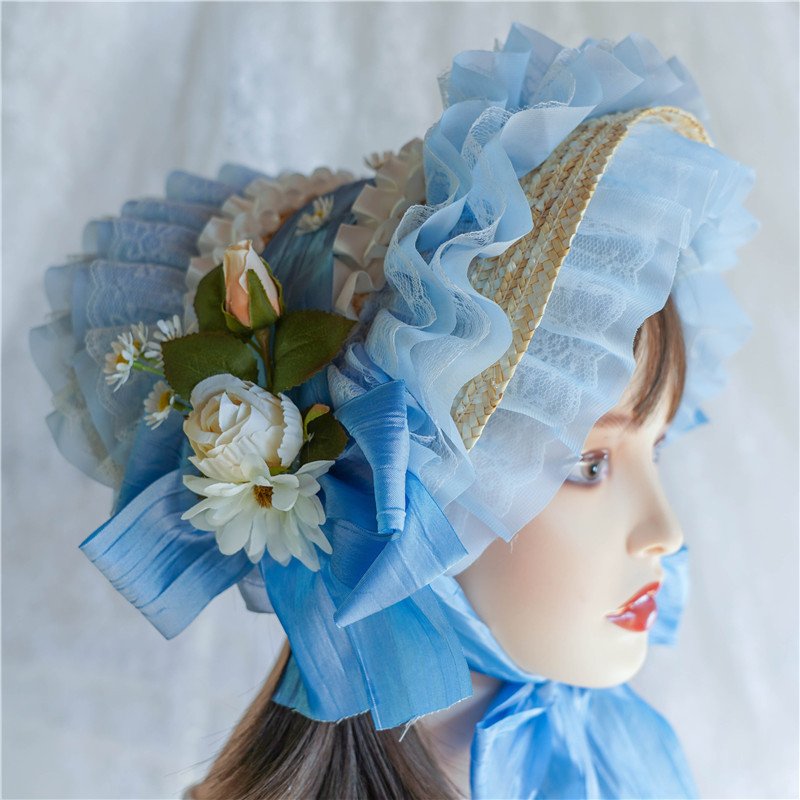 Rural style Lolita hat for girls, court lace flower French retro straw hat