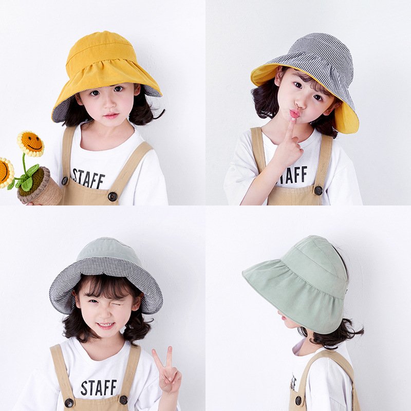 Children's empty top hat, summer checkered baby sun protection and sunshade hat, parent-child Korean version, girl princess sun fisherman hat