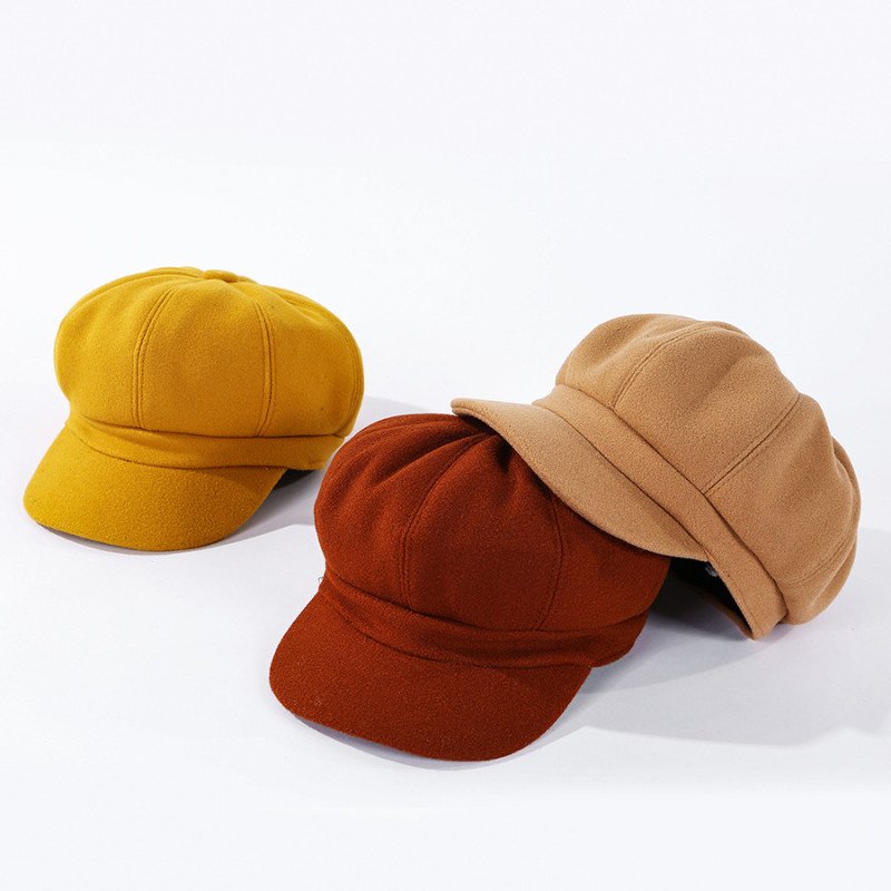 Pure color woolen octagonal hat for women, thick warm beret for autumn and winter, retro painter hat