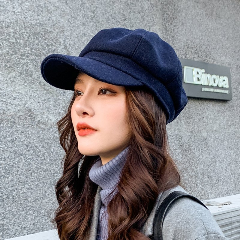 Pure color woolen octagonal hat for women, thick warm beret for autumn and winter, retro painter hat