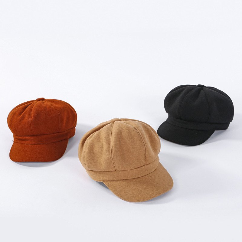 Pure color woolen octagonal hat for women, thick warm beret for autumn and winter, retro painter hat