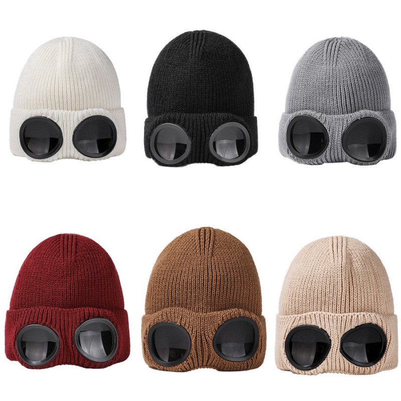 Hats, autumn and winter men and women windproof glasses, plush ski knitted hat, warm wool hat