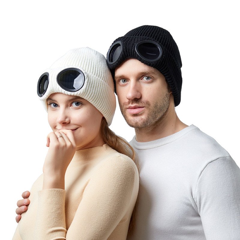 Hats, autumn and winter men and women windproof glasses, plush ski knitted hat, warm wool hat