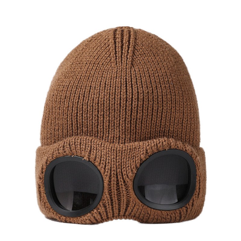 Hats, autumn and winter men and women windproof glasses, plush ski knitted hat, warm wool hat