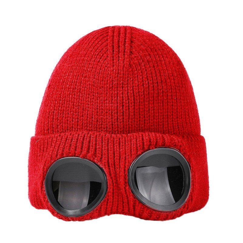 Hats, autumn and winter men and women windproof glasses, plush ski knitted hat, warm wool hat