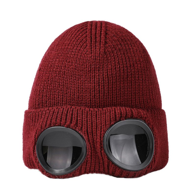 Hats, autumn and winter men and women windproof glasses, plush ski knitted hat, warm wool hat
