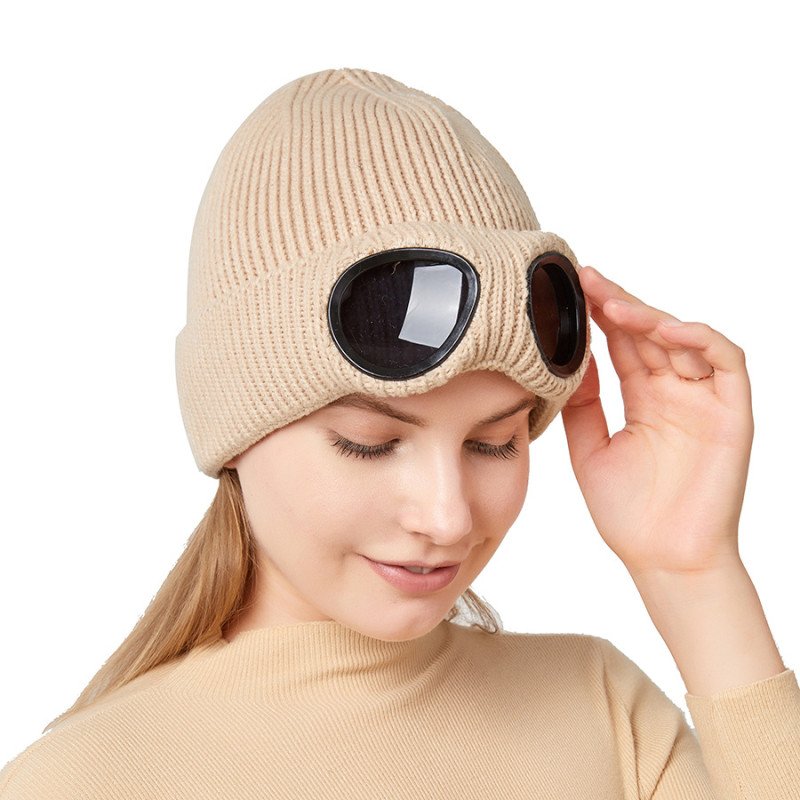 Hats, autumn and winter men and women windproof glasses, plush ski knitted hat, warm wool hat