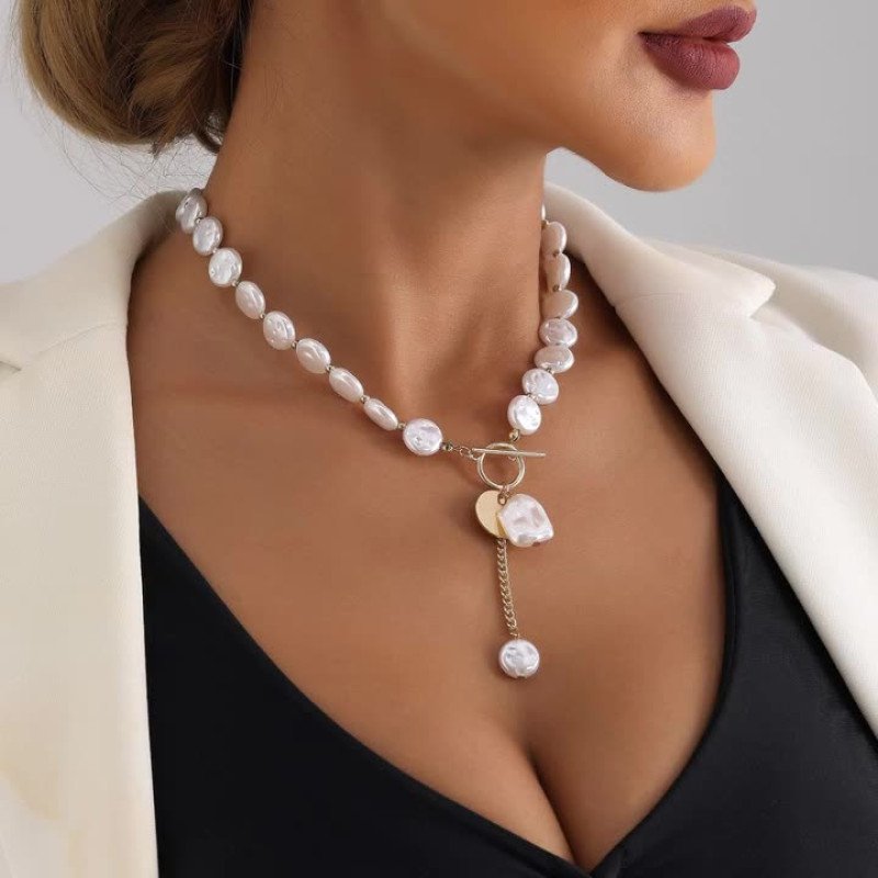 Simple single-layer Baroque imitation flat pearl necklace necklace necklace, cold and stylish Su sweater chain