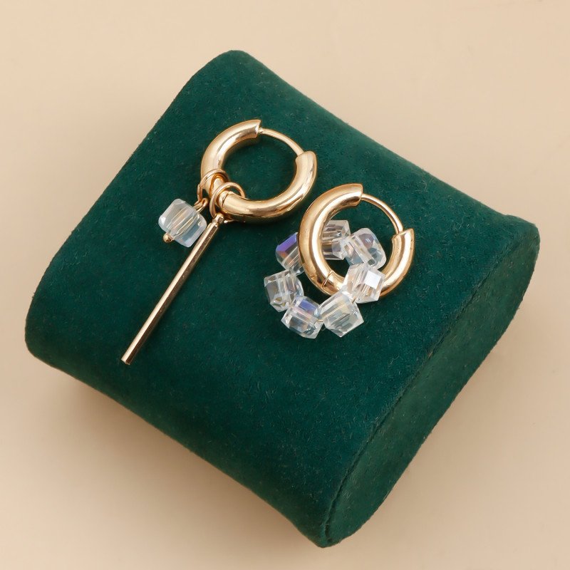 Transparent white square crystal bead metal earrings with geometric stripes and asymmetrical shapes