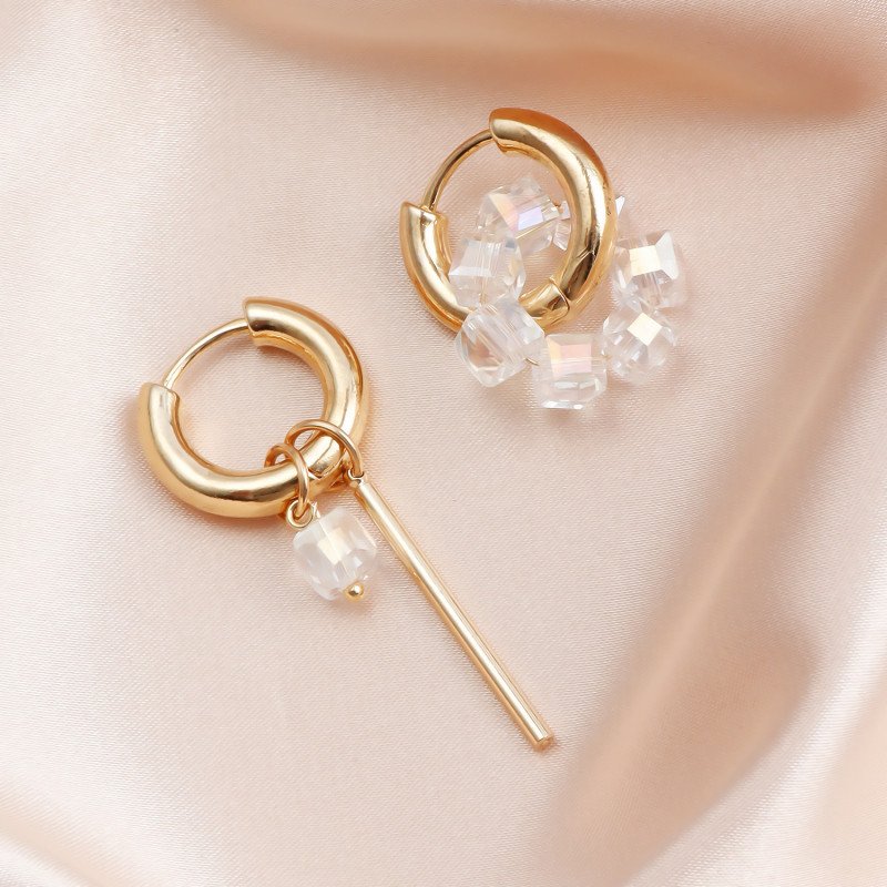 Transparent white square crystal bead metal earrings with geometric stripes and asymmetrical shapes