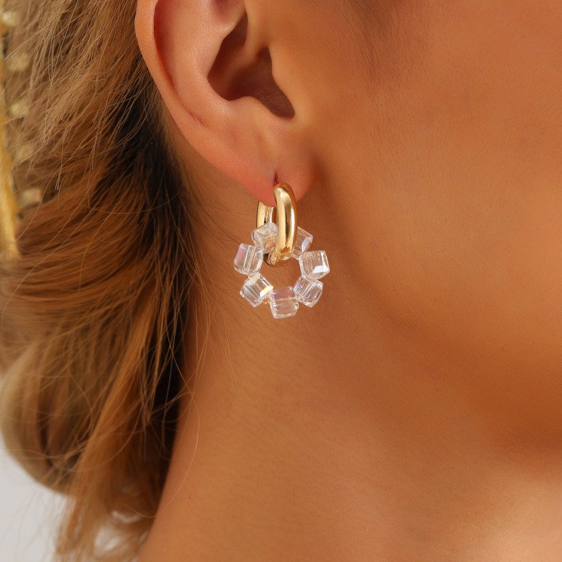 Transparent white square crystal bead metal earrings with geometric stripes and asymmetrical shapes