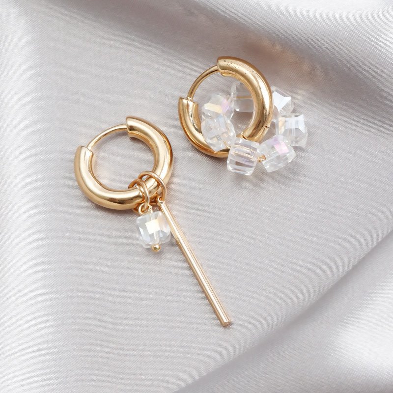 Transparent white square crystal bead metal earrings with geometric stripes and asymmetrical shapes