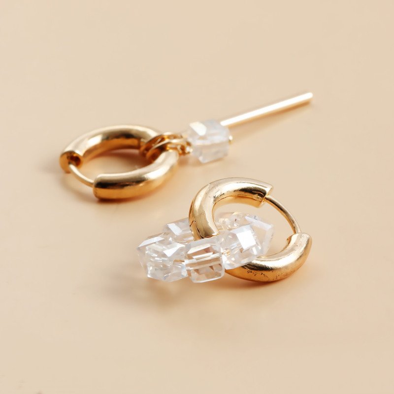 Transparent white square crystal bead metal earrings with geometric stripes and asymmetrical shapes