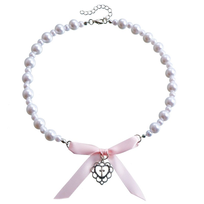 Love Cross Imitation Pearl Bead Necklace Small Fragrant Wind Ribbon Bow French Necklace