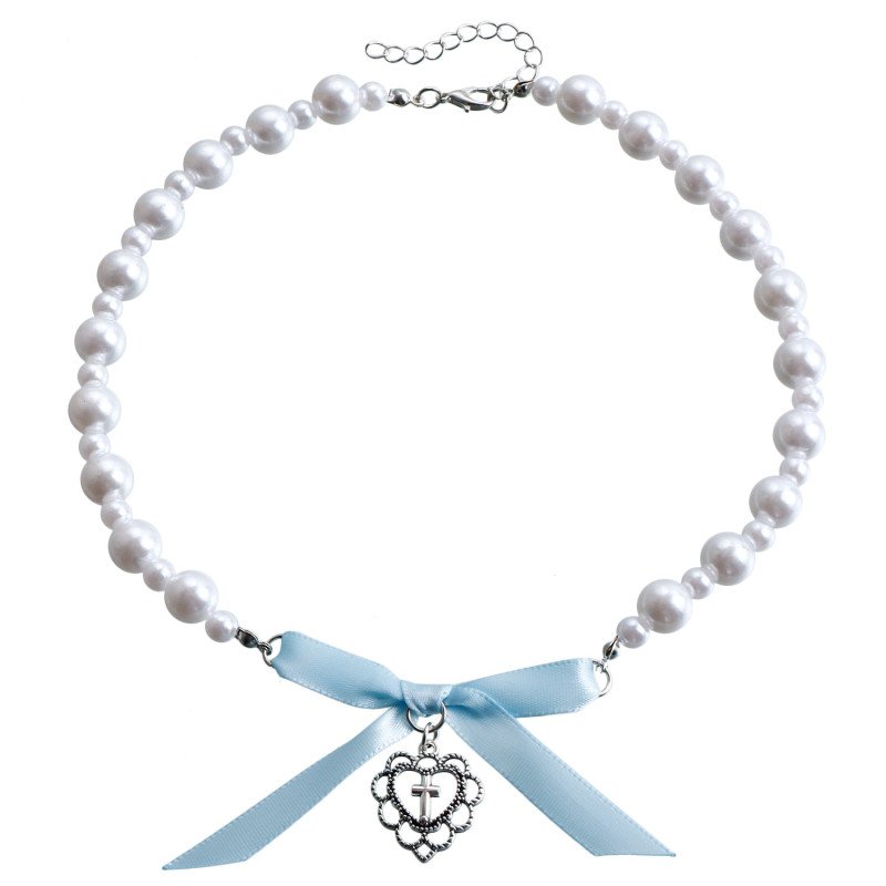 Love Cross Imitation Pearl Bead Necklace Small Fragrant Wind Ribbon Bow French Necklace