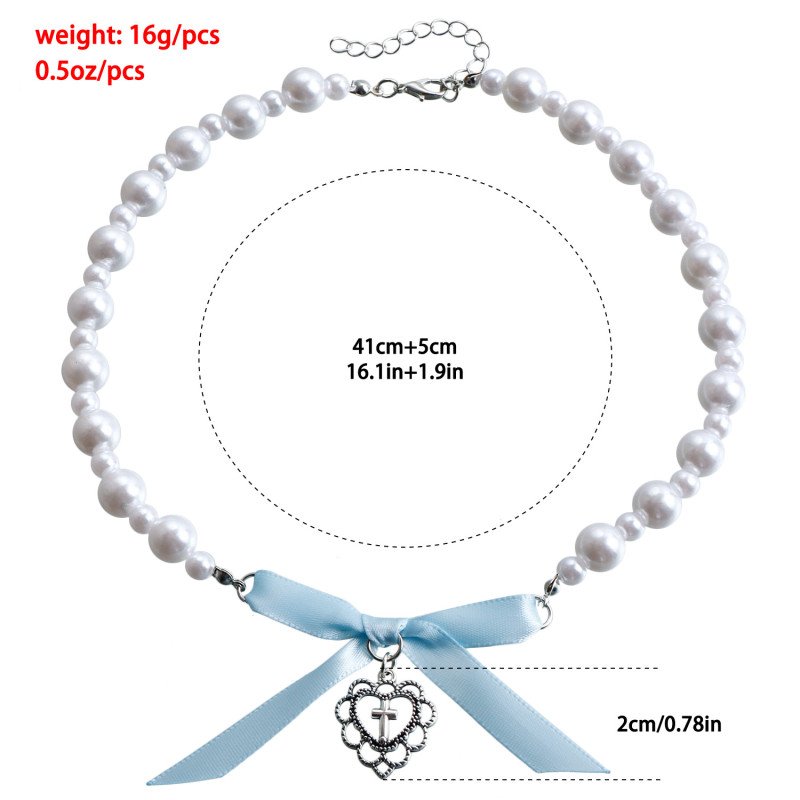 Love Cross Imitation Pearl Bead Necklace Small Fragrant Wind Ribbon Bow French Necklace