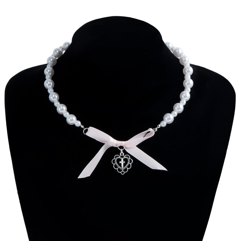 Love Cross Imitation Pearl Bead Necklace Small Fragrant Wind Ribbon Bow French Necklace