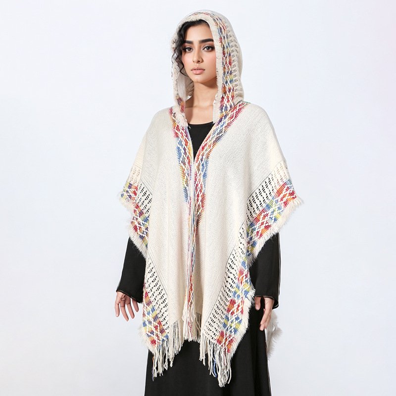 Ethnic style shawl paired with women's knitted warm Yunnan travel outfit, photo cloak, and canopy