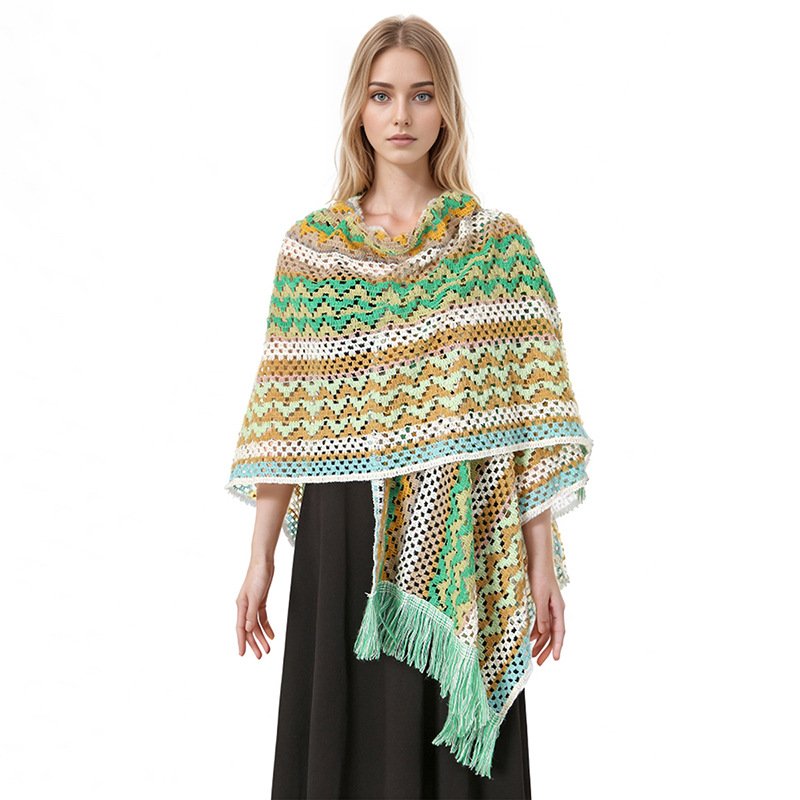 Ethnic style shawl, women's early autumn tassel long style, worn as a travel photo cloak in Lijiang, Yunnan. Colorful warm cloak