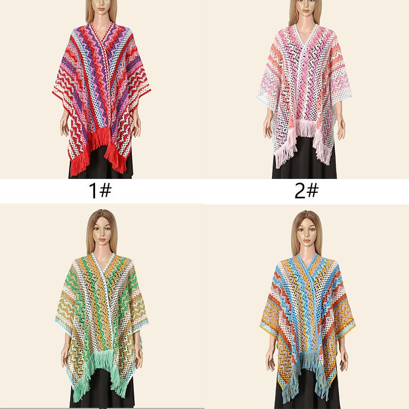 Ethnic style shawl, women's early autumn tassel long style, worn as a travel photo cloak in Lijiang, Yunnan. Colorful warm cloak