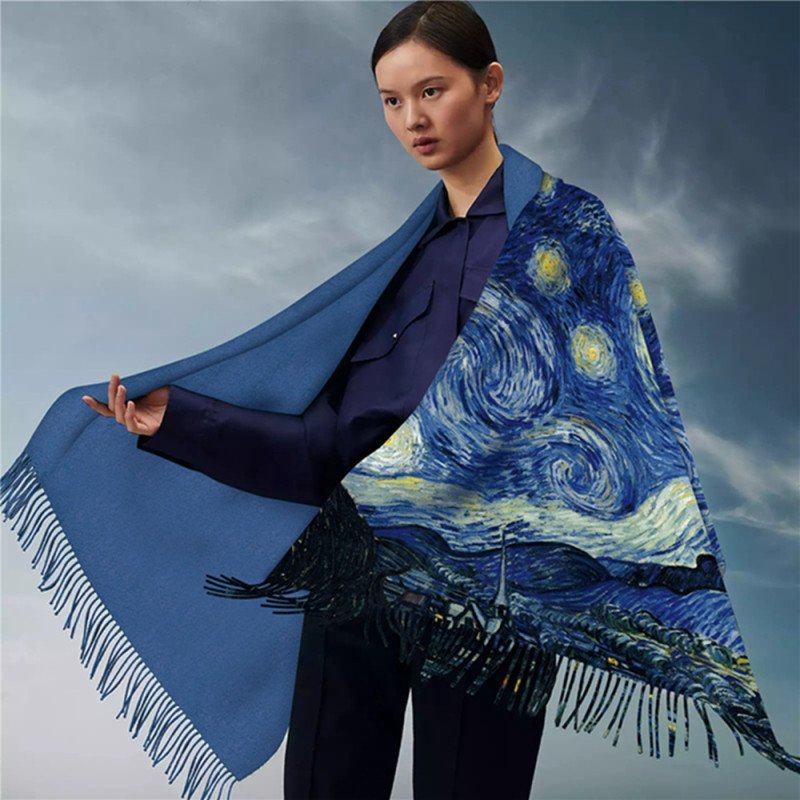 Tassel cashmere scarf classic oil painting women warm long scarf shawl China-Chic