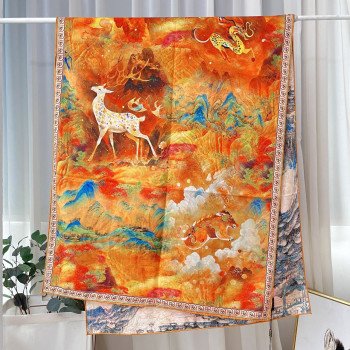 Xiangyun gauze long scarf double-sided printed with different flowers and colors, handmade rolled edge warm shawl, Chinese style landscape painting