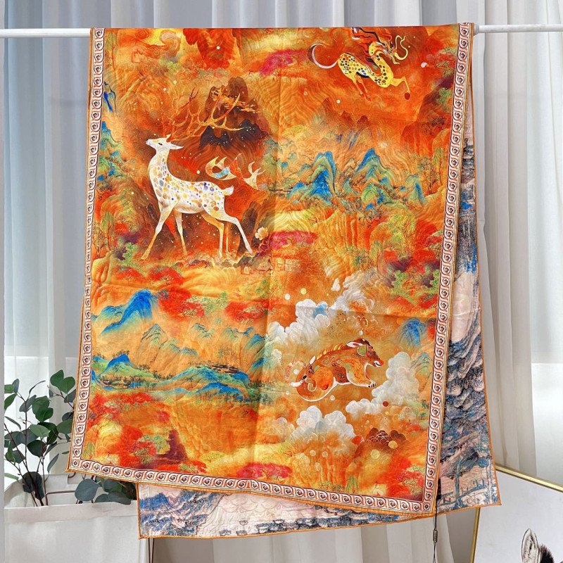Xiangyun gauze long scarf double-sided printed with different flowers and colors, handmade rolled edge warm shawl, Chinese style landscape painting