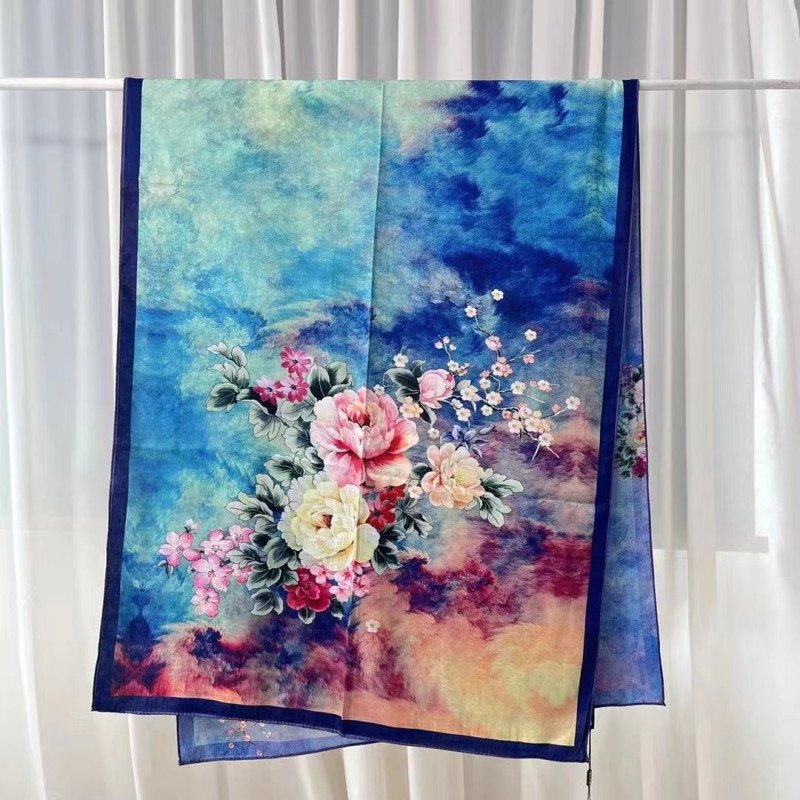 Xiangyun gauze long scarf double-sided printed with different flowers and colors, handmade rolled edge warm shawl, Chinese style landscape painting
