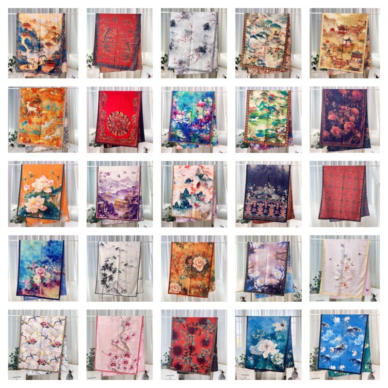 Xiangyun gauze long scarf double-sided printed with different flowers and colors, handmade rolled edge warm shawl, Chinese style landscape painting
