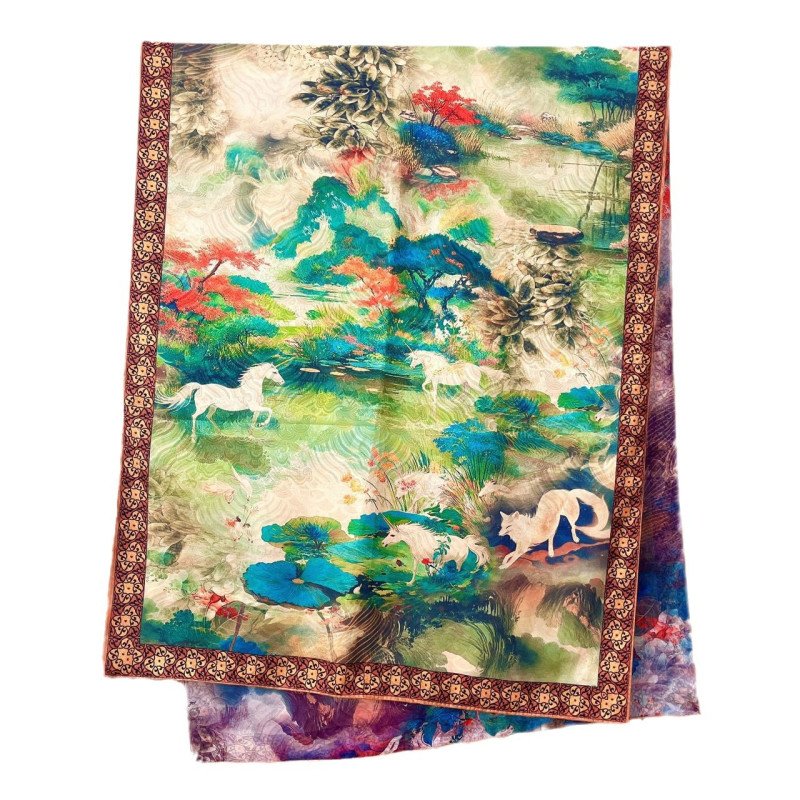 Xiangyun gauze long scarf double-sided printed with different flowers and colors, handmade rolled edge warm shawl, Chinese style landscape painting