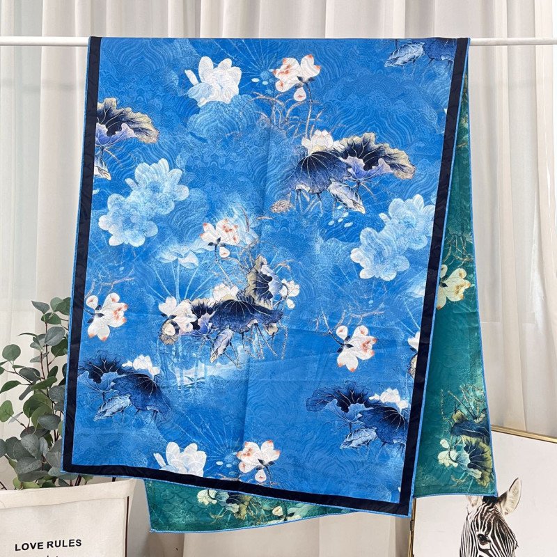 Xiangyun gauze long scarf double-sided printed with different flowers and colors, handmade rolled edge warm shawl, Chinese style landscape painting