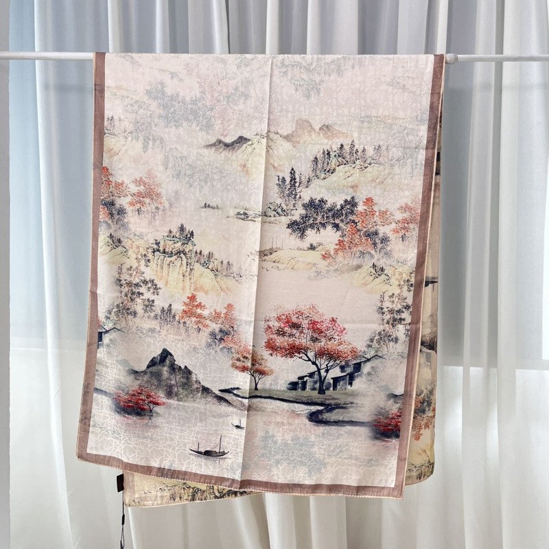 Xiangyun gauze long scarf double-sided printed with different flowers and colors, handmade rolled edge warm shawl, Chinese style landscape painting