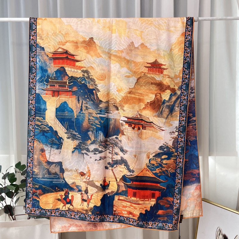 Xiangyun gauze long scarf double-sided printed with different flowers and colors, handmade rolled edge warm shawl, Chinese style landscape painting