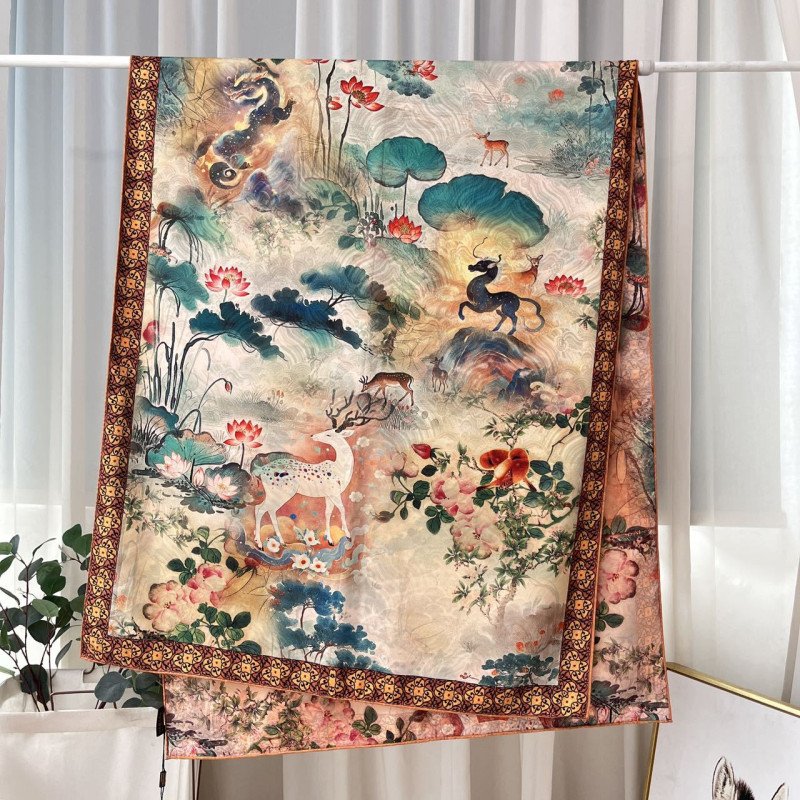 Xiangyun gauze long scarf double-sided printed with different flowers and colors, handmade rolled edge warm shawl, Chinese style landscape painting