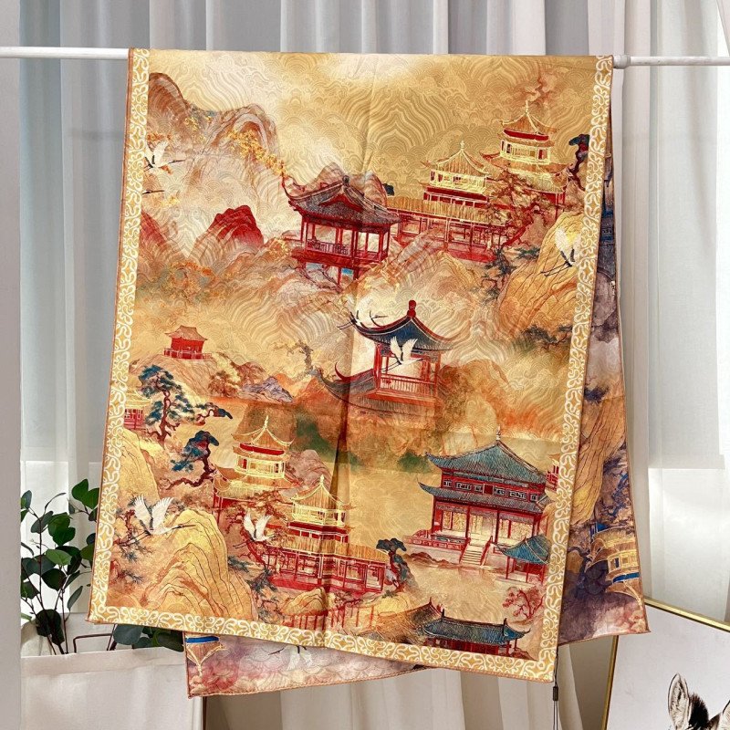 Xiangyun gauze long scarf double-sided printed with different flowers and colors, handmade rolled edge warm shawl, Chinese style landscape painting