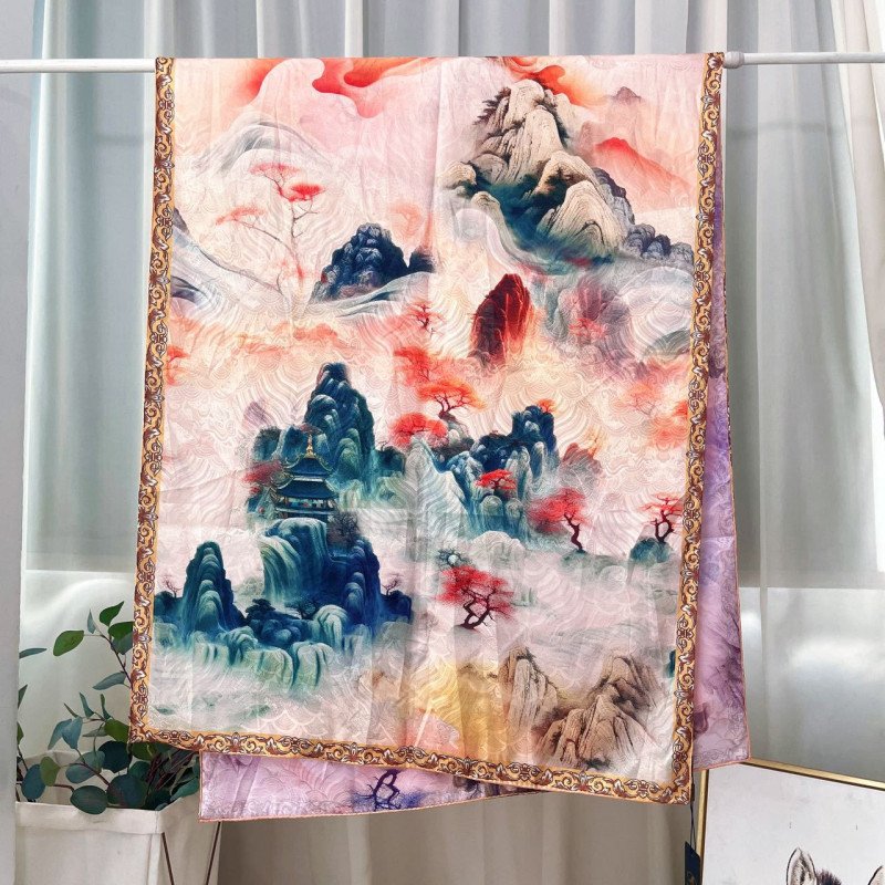 Xiangyun gauze long scarf double-sided printed with different flowers and colors, handmade rolled edge warm shawl, Chinese style landscape painting