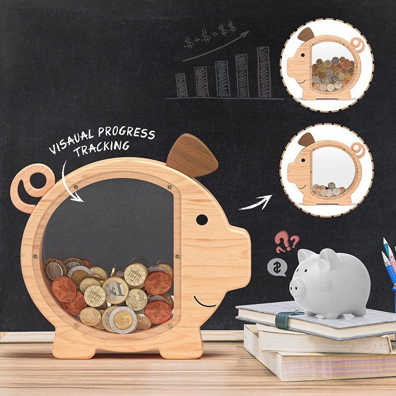 Wooden piggy double-sided transparent acrylic coin storage jar, creative piggy jar gift for babies