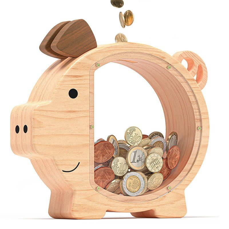Wooden piggy double-sided transparent acrylic coin storage jar, creative piggy jar gift for babies
