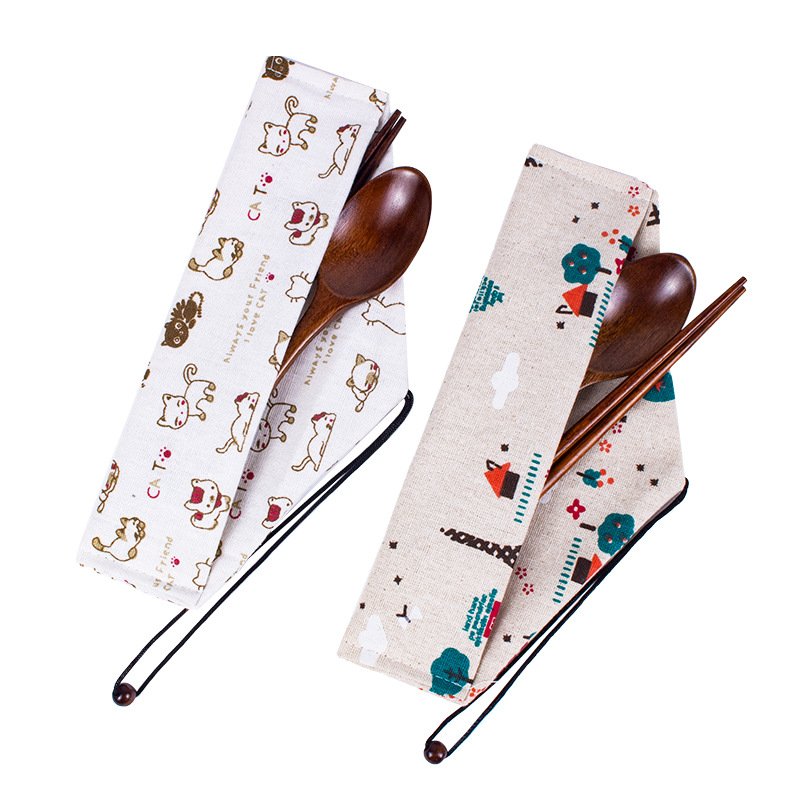 Cotton bag portable cutlery bag tied with rope chopsticks spoon storage bag printable cartoon cotton bag
