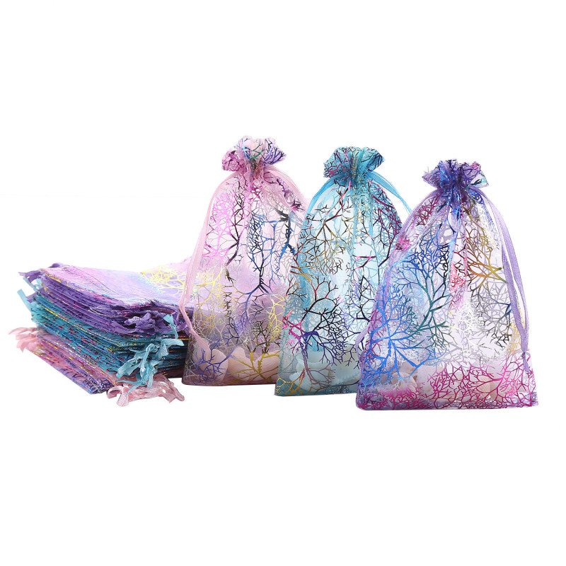 Hot stamping coral gauze bag, drawstring gift wedding candy bag, drawstring dried flower fragrance storage bag
